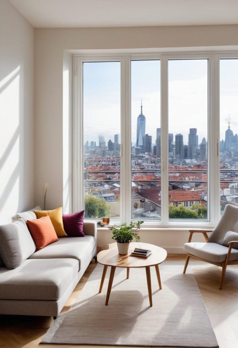 A cozy, modern short stay apartment with a welcoming ambiance, featuring a neatly arranged living area with a plush sofa, a small dining table, and large windows showcasing a city skyline view. Include travel essentials like a suitcase near the door and a potted plant for a warm touch. The scene is bathed in natural light, highlighting a perfect getaway atmosphere. super-realistic. vibrant colors. white background.