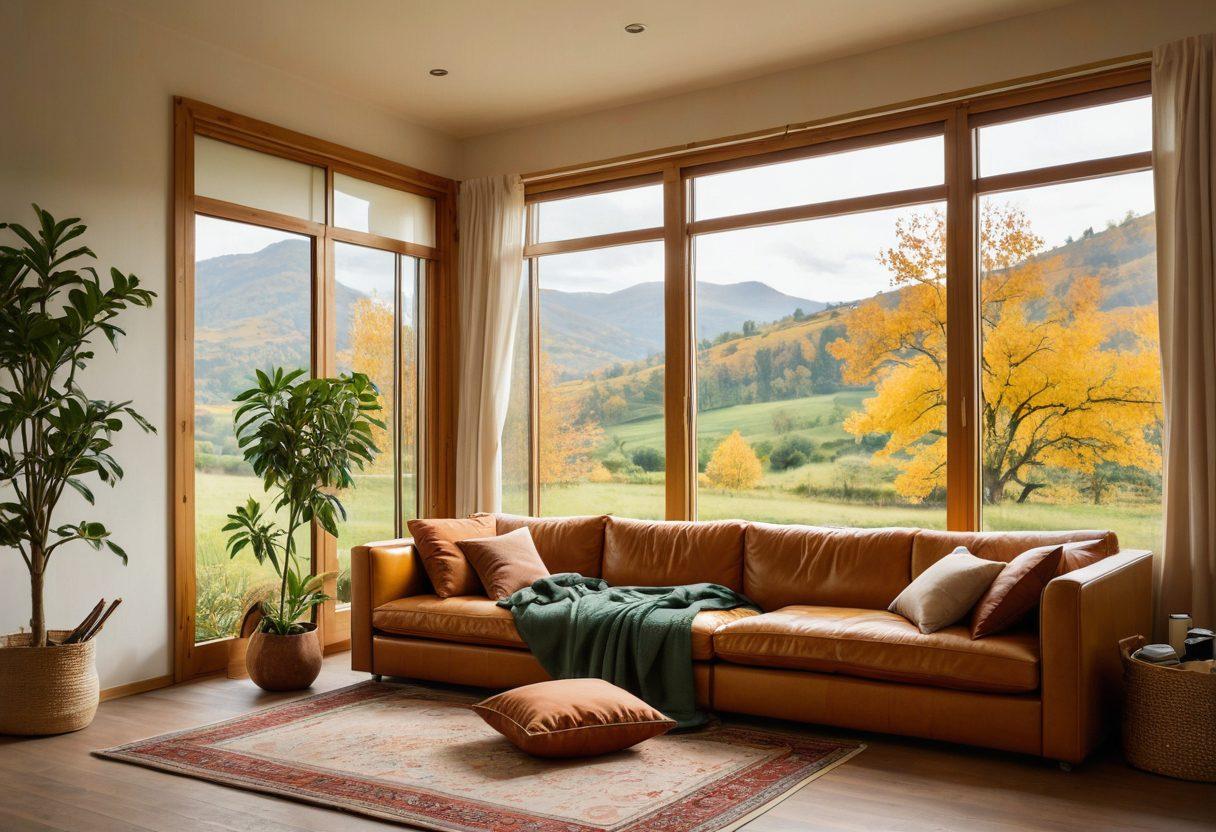 An inviting temporary housing setting showcasing a cozy, stylish interior with warm lighting and lush plants. A welcoming living area with a comfortable sofa and a scenic window view of a serene landscape. Incorporate elements of weekend getaways, such as travel bags and scenic maps scattered softly around. Create an atmosphere of relaxation and adventure. super-realistic. vibrant colors. cozy ambiance.