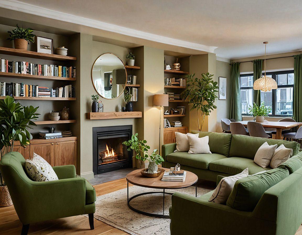 A cozy living room setting within a beautifully decorated serviced rental, featuring plush furniture, warm lighting, and personal touches like books and plants. In the background, a well-equipped kitchen area is visible, showcasing a homely vibe. The image should convey relaxation and comfort, inviting viewers to imagine themselves in the space. soft focus. warm tones. inviting atmosphere.